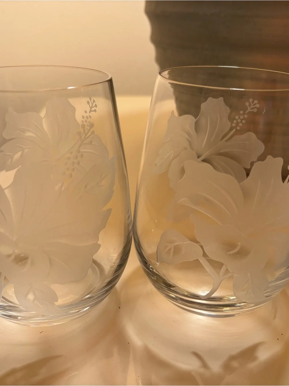 Etched Floral Stemless Wine Glasses - Set of 2, Clear